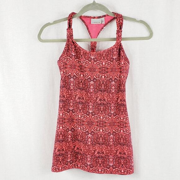 Athleta Racerback Tank Top Women XXS Fuse Red Scroll Pattern w/ Shelf Bra tank - Picture 1 of 7